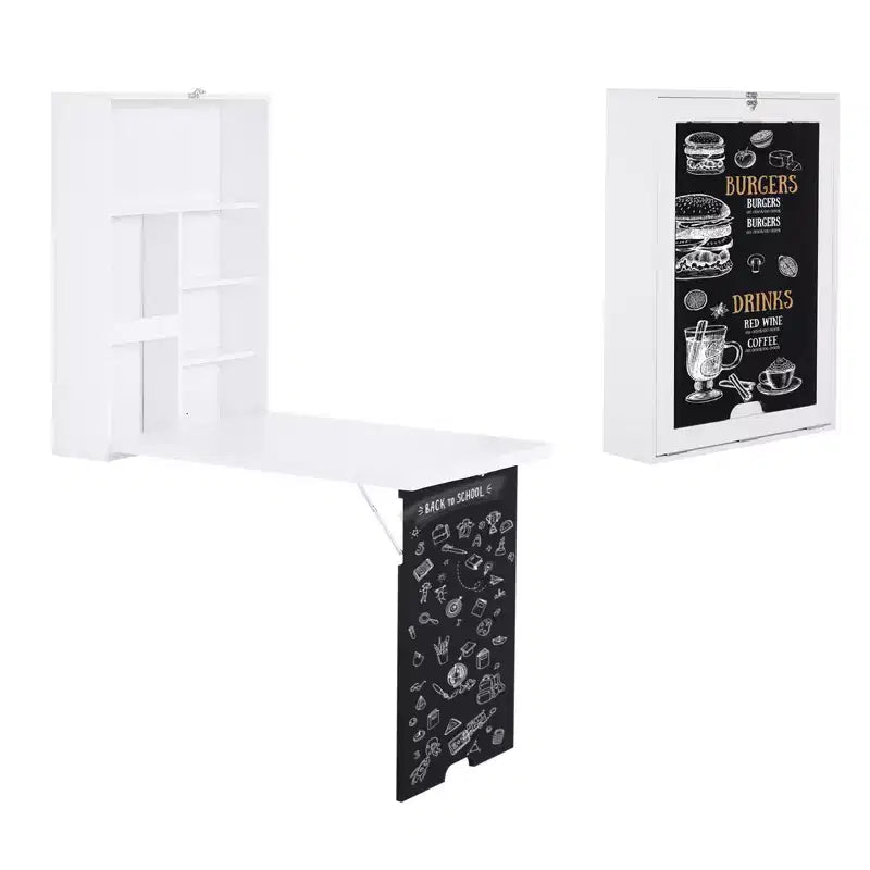 MDF Wall-Mounted Foldable Desk with Blackboard and Shelves White 34.75''x57.75''