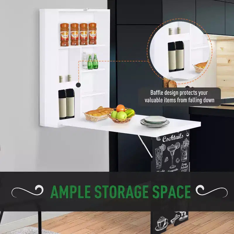 Scrivania pieghevole a parete in MDF con lavagna e ripiani, bianca 34,75''x57,75''
