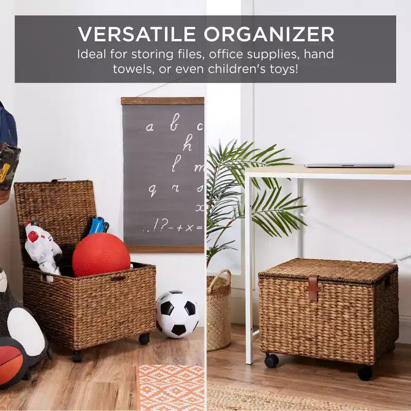 Classificatore portadocumenti su rotelle in metallo e rattan con coperchio e ruote bloccabili 15''x12''x14''