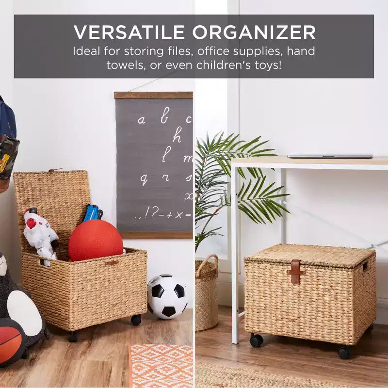 Classificatore portadocumenti su rotelle in metallo e rattan con coperchio e ruote bloccabili 15''x12''x14''