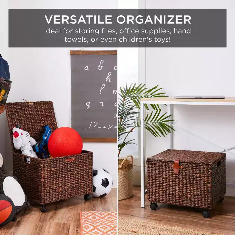 Classificatore portadocumenti su rotelle in metallo e rattan con coperchio e ruote bloccabili 15''x12''x14''
