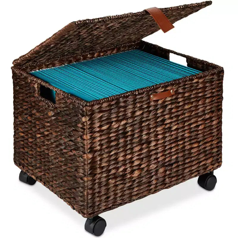 Classificatore portadocumenti su rotelle in metallo e rattan con coperchio e ruote bloccabili 15''x12''x14''