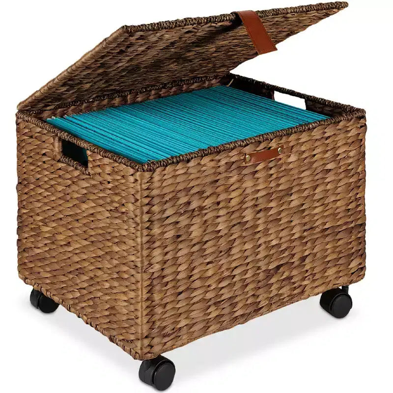Metal and Rattan Rolling Filing Cabinet with Lid and Locking Wheels 15''x12''x14''
