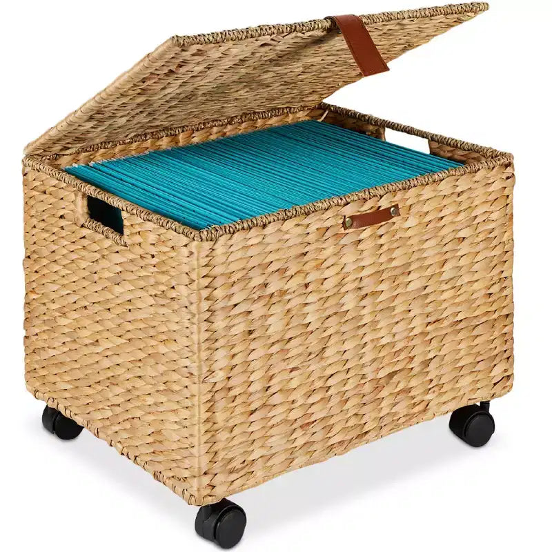 Metal and Rattan Rolling Filing Cabinet with Lid and Locking Wheels 15''x12''x14''