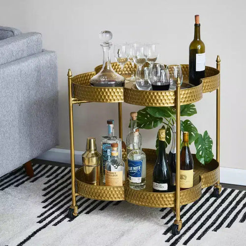 Carrello Bar a 2 Piani Clover in Metallo Martellato con Ruote 24.75''x24.75''x28.5''