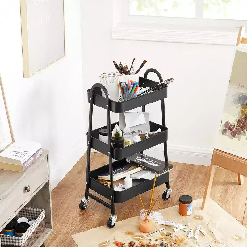 Carrello Portaoggetti a 3 Piani in Acciaio con Cesti a Rete e Ruote Bloccabili 41,4x30,7x79 cm