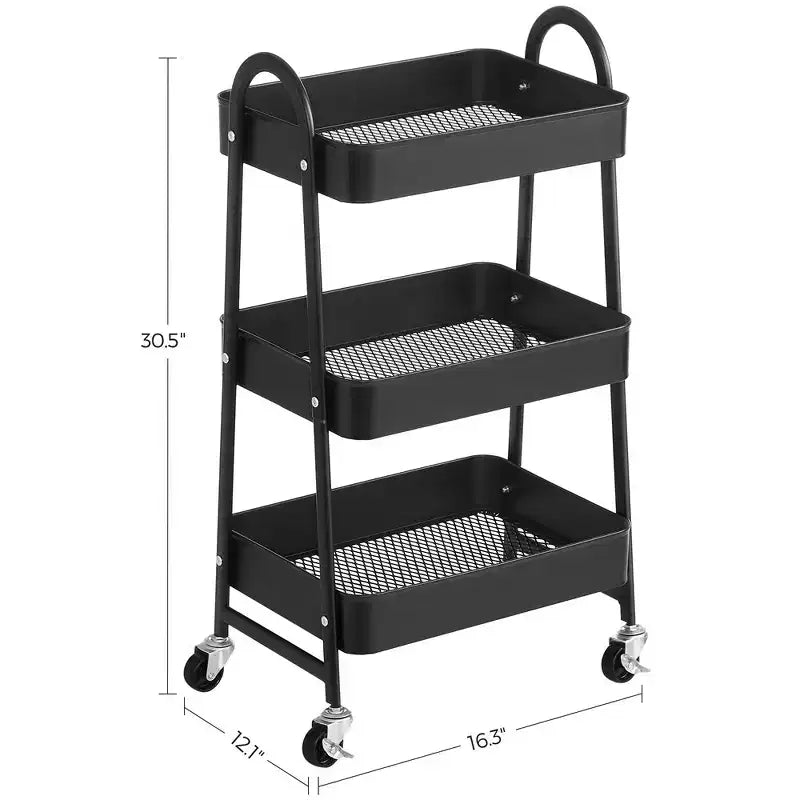 Carrello Portaoggetti a 3 Piani in Acciaio con Cesti a Rete e Ruote Bloccabili 41,4x30,7x79 cm