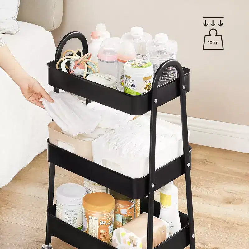 Carrello Portaoggetti a 3 Piani in Acciaio con Cesti a Rete e Ruote Bloccabili 41,4x30,7x79 cm
