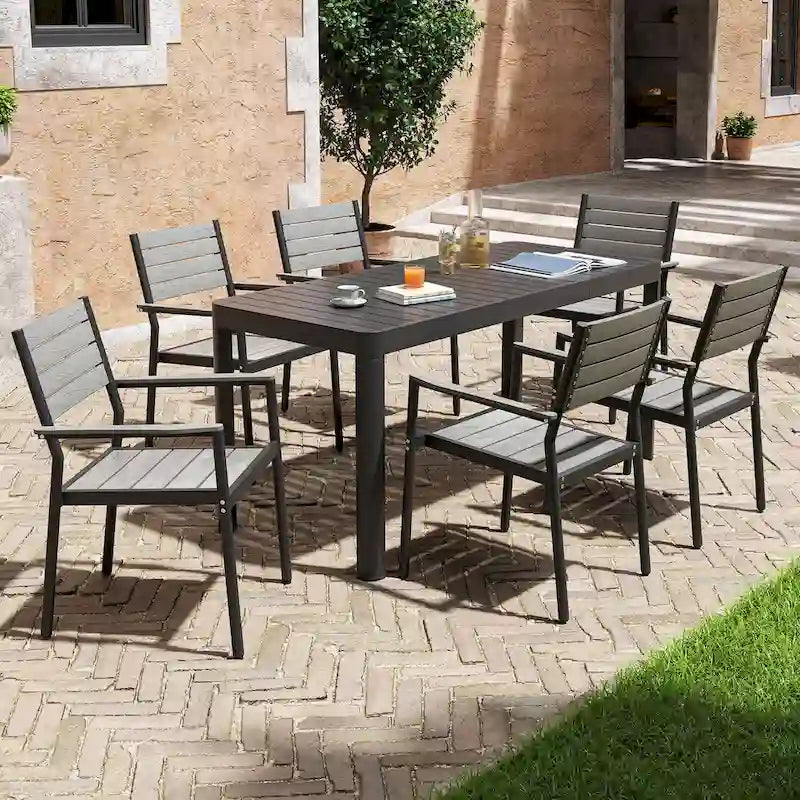 Set da Pranzo da Esterno a 5/7 Pezzi per Patio con Sedie Impilabili in Alluminio e Tavolo Allungabile