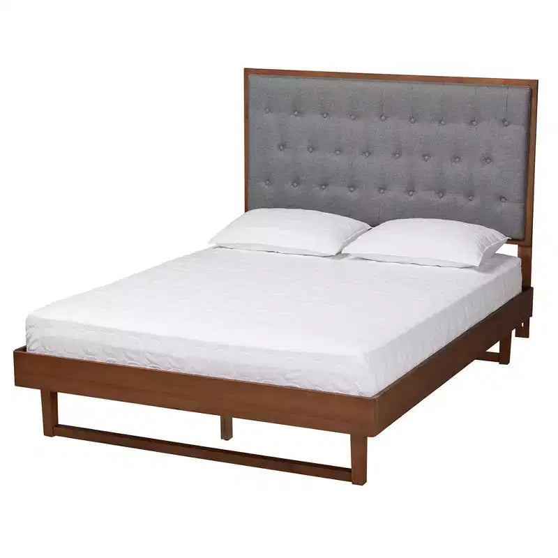 Baxton Studio Bryn Fabric and Wood Platform Bed Gray/Walnut Brown: No Box Spring, Tufted Headboard