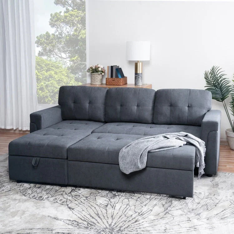 Divano componibile convertibile reversibile con letto estraibile, chaise longue con contenitore nascosto e gambe durevoli