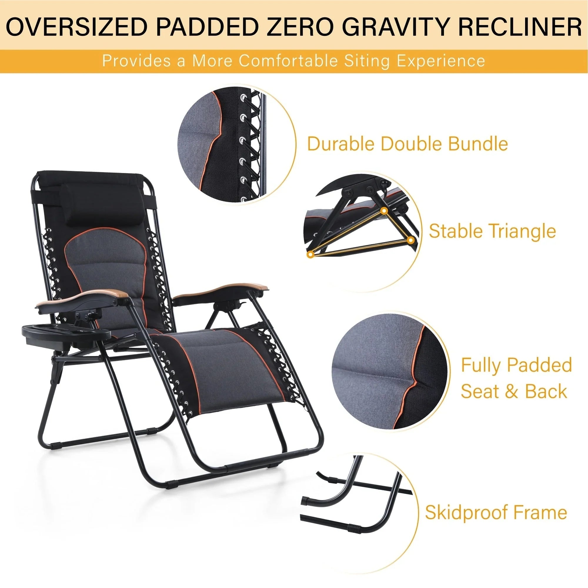Sedia a sdraio oversize XL imbottita con gravità zero, bracciolo più largo, reclinabile regolabile con portabicchieri - N/D