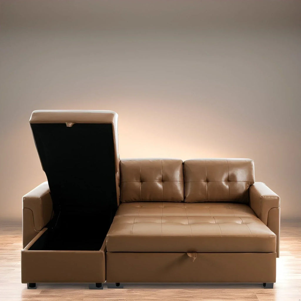 Divano componibile convertibile reversibile con letto estraibile, chaise longue con contenitore nascosto e gambe durevoli
