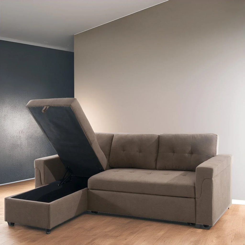 Divano componibile convertibile reversibile con letto estraibile, chaise longue con contenitore nascosto e gambe durevoli