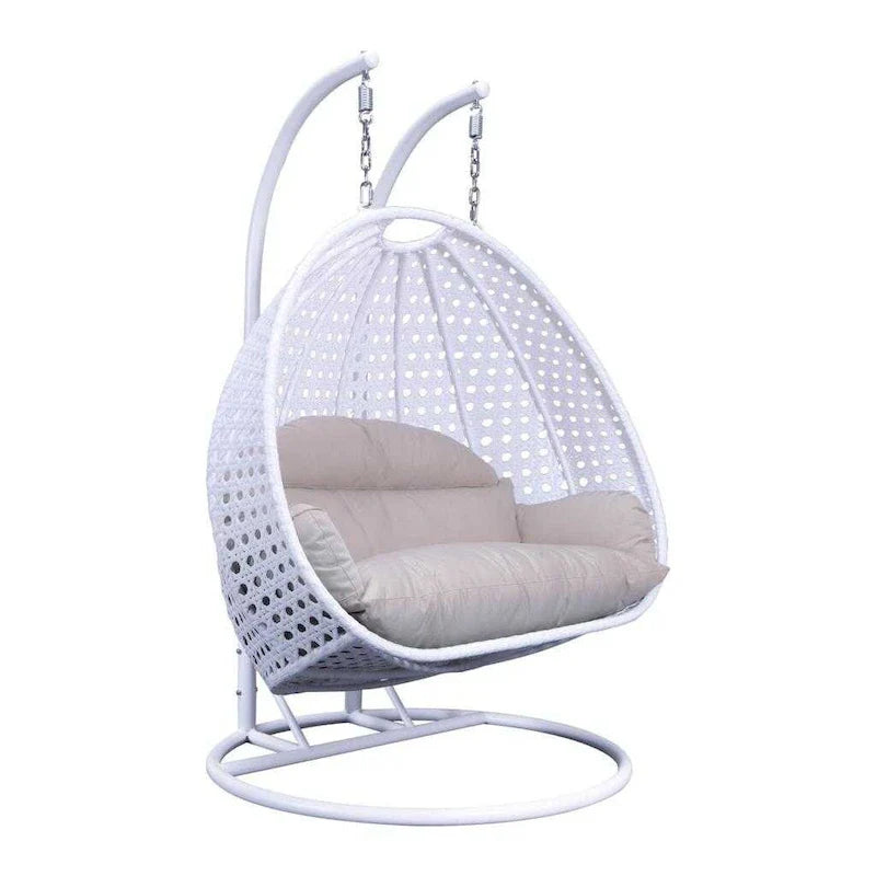 Sedia sospesa a dondolo a forma di uovo con supporto in metallo, telaio in vimini e cuscino – Beige / Blu antracite / Bianco / Blu / Bianco antico / Marrone / Tela, 2 posti